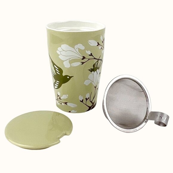 Tea Forte Kati Ceramic Steeping Cup w/ Infuser & Lid Green Birdsong Design 12 Oz - Picture 1 of 11